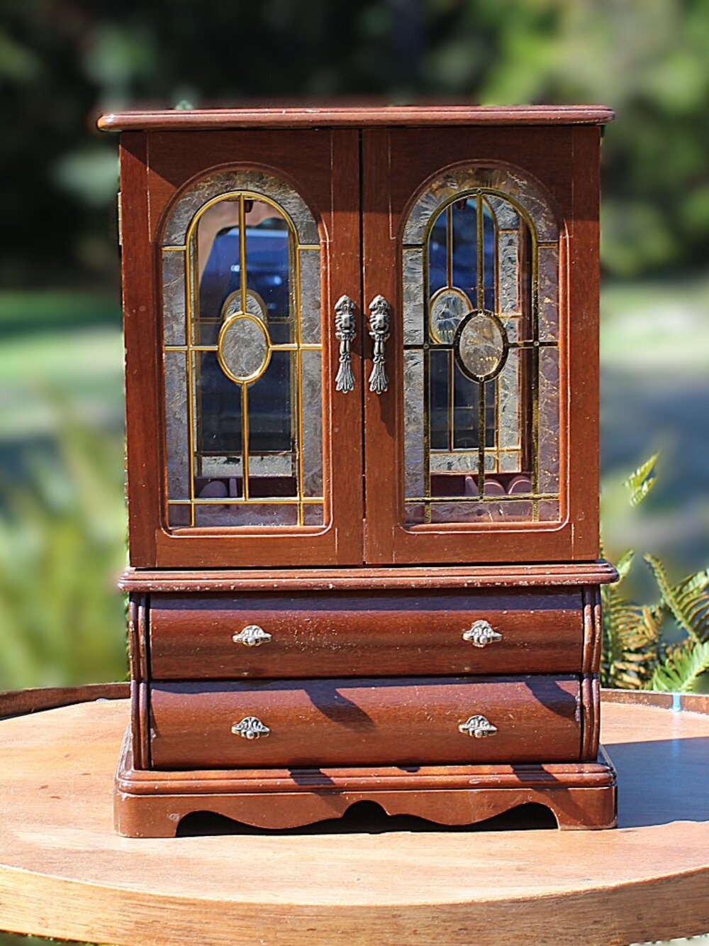 VINTAGE UNIQUE ARTISTIC CARVED WOOD LARGE JEWELRY ARMOIR, CHEST, ORGANIZER.